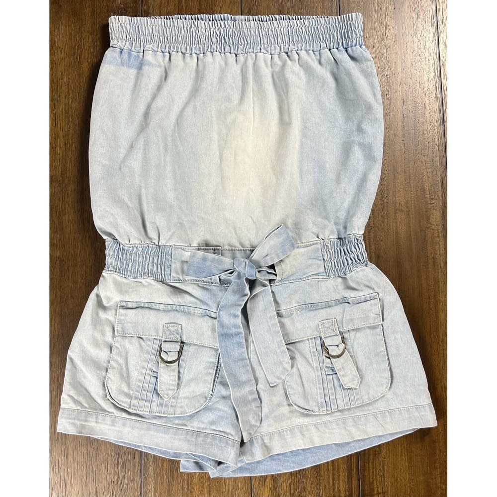 Soho Babe Light Wash Denim Strapless Cargo Romper Small Y2K Utility Sunsuit